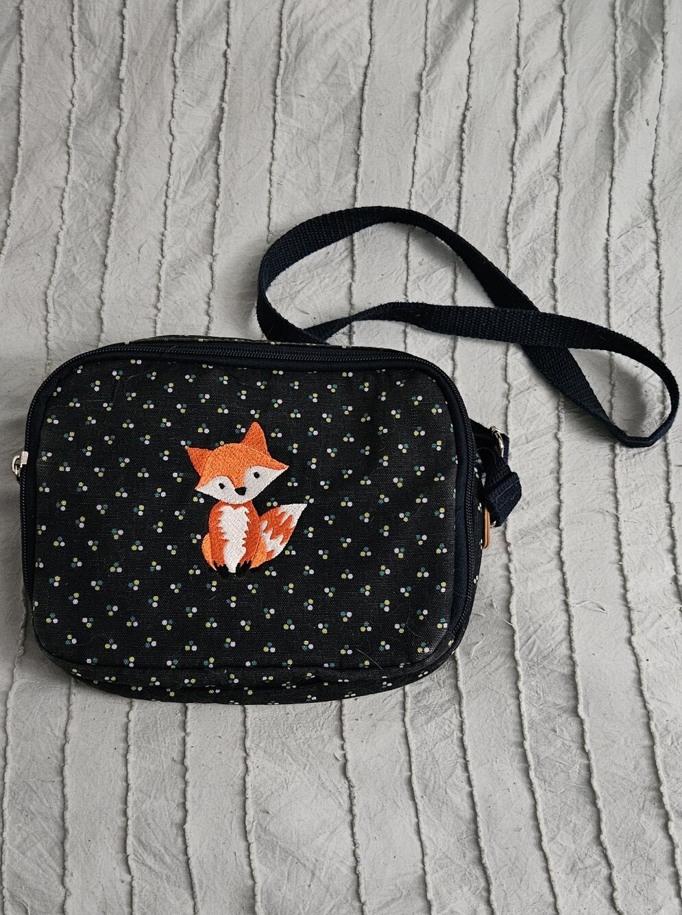 Thirty One Dark Blue With White Crossbody Bag with Orange Fox Embroidery